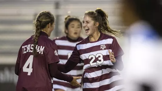 Midfielder Georgia Leb #23 of the Texas A&M Aggies and Midfielder Sydney Becerra #4 of the Texas A&M Aggies during the Soccer game between the Blinn College Buccaneers and the Texas A&M Aggies at Ellis Field in College Station, TX. Photo By Kate Luffman/Texas A&M Athletics