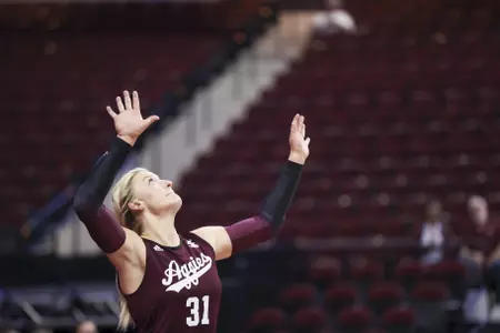 COLLEGE STATION, TX - August 26, 2022 - Outside hitter Mia Johnson #31 of the Texas A&M Aggies during the Volleyball game between the Hawaii Rainbow Warriors and the Texas A&M Aggies at Reed Arena in College Station, TX. Photo By Aiden Shertzer/Texas A&M Athletics