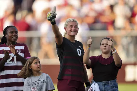 COLLEGE STATION, TX - August 27, 2022 - Goalkeeper Kenna Caldwell #0 of the Texas A&M Aggies during the Soccer game between the New Mexico Lobos and the Texas A&M Aggies at Ellis Field in College Station, TX. Photo By Craig Bisacre/Texas A&M Athletics