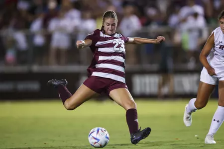 COLLEGE STATION, TX - August 27, 2022 - Midfielder Georgia Leb #23 of the Texas A&M Aggies during the Soccer game between the New Mexico Lobos and the Texas A&M Aggies at Ellis Field in College Station, TX. Photo By Craig Bisacre/Texas A&M Athletics