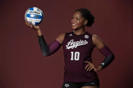 COLLEGE STATION, TX - August 12, 2022 - Middle blocker Ifenna Cos-Okpalla #10 of the Texas A&M Aggies during Texas A&M Aggies Volleyball photo day in College Station, TX. Photo By Aiden Shertzer/Texas A&M Athletics