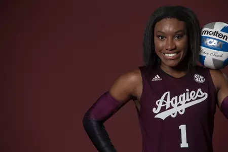 COLLEGE STATION, TX - August 12, 2022 - Outside Hitter/Right Side Hitter Destiny Cox #1 of the Texas A&M Aggies during Texas A&M Aggies Volleyball photo day in College Station, TX. Photo By Aiden Shertzer/Texas A&M Athletics