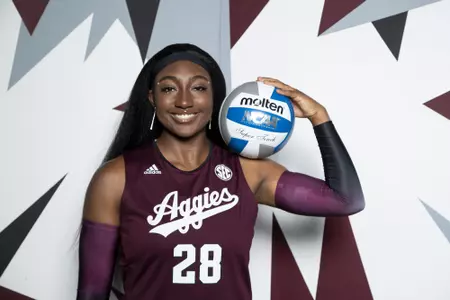 COLLEGE STATION, TX - August 12, 2022 - Outside hitter Faye Wilbricht #28 of the Texas A&M Aggies during Texas A&M Aggies Volleyball photo day in College Station, TX. Photo By Brendall O'Banon/Texas A&M Athletics