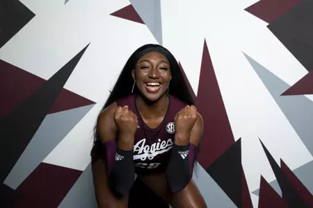 COLLEGE STATION, TX - August 12, 2022 - Outside hitter Faye Wilbricht #28 of the Texas A&M Aggies during Texas A&M Aggies Volleyball photo day in College Station, TX. Photo By Brendall O'Banon/Texas A&M Athletics