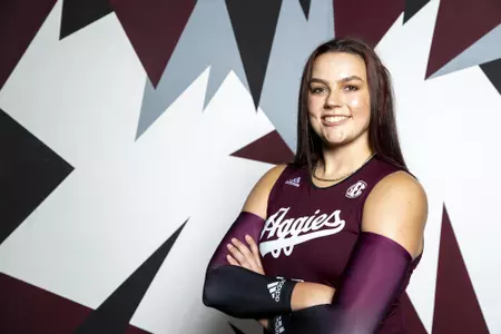 COLLEGE STATION, TX - August 12, 2022 - Outside hitter Caroline Meuth #16 of the Texas A&M Aggies during Texas A&M Aggies Volleyball photo day in College Station, TX. Photo By Brendall O'Banon/Texas A&M Athletics