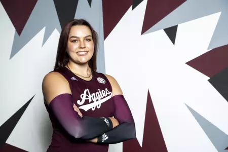 COLLEGE STATION, TX - August 12, 2022 - Outside hitter Caroline Meuth #16 of the Texas A&M Aggies during Texas A&M Aggies Volleyball photo day in College Station, TX. Photo By Brendall O'Banon/Texas A&M Athletics