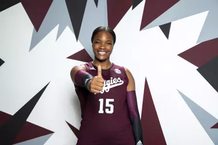 COLLEGE STATION, TX - August 12, 2022 - Middle blocker Madison Bowser #15 of the Texas A&M Aggies during Texas A&M Aggies Volleyball photo day in College Station, TX. Photo By Brendall O'Banon/Texas A&M Athletics