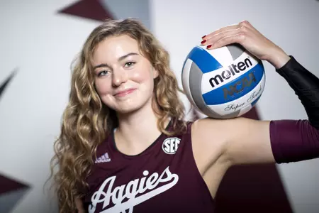 COLLEGE STATION, TX - August 12, 2022 - Middle blocker Molly Brown #14 of the Texas A&M Aggies during Texas A&M Aggies Volleyball photo day in College Station, TX. Photo By Brendall O'Banon/Texas A&M Athletics