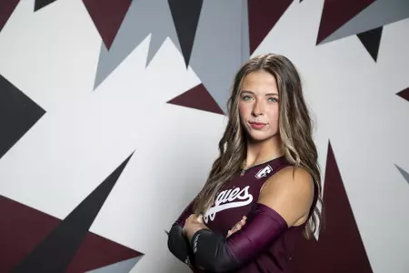 COLLEGE STATION, TX - August 12, 2022 - Libero/Defensive specialist Ava Underwood #12 of the Texas A&M Aggies during Texas A&M Aggies Volleyball photo day in College Station, TX. Photo By Brendall O'Banon/Texas A&M Athletics