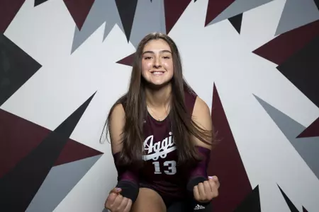 COLLEGE STATION, TX - August 12, 2022 - Setter Nisa Buzlutepe #13 of the Texas A&M Aggies during Texas A&M Aggies Volleyball photo day in College Station, TX. Photo By Brendall O'Banon/Texas A&M Athletics