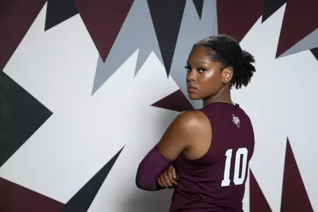 COLLEGE STATION, TX - August 12, 2022 - Middle blocker Ifenna Cos-Okpalla #10 of the Texas A&M Aggies during Texas A&M Aggies Volleyball photo day in College Station, TX. Photo By Brendall O'Banon/Texas A&M Athletics