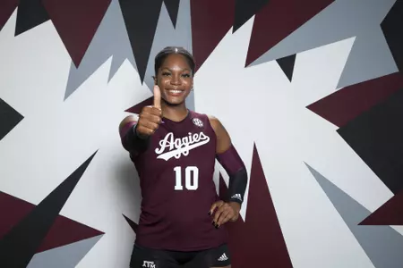COLLEGE STATION, TX - August 12, 2022 - Middle blocker Ifenna Cos-Okpalla #10 of the Texas A&M Aggies during Texas A&M Aggies Volleyball photo day in College Station, TX. Photo By Brendall O'Banon/Texas A&M Athletics