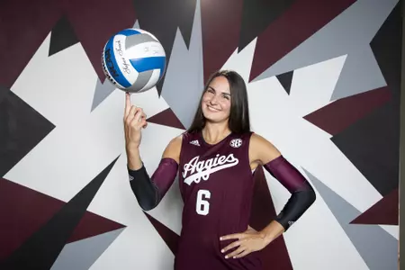 COLLEGE STATION, TX - August 12, 2022 - Setter Elena Karakasi #6 of the Texas A&M Aggies during Texas A&M Aggies Volleyball photo day in College Station, TX. Photo By Brendall O'Banon/Texas A&M Athletics