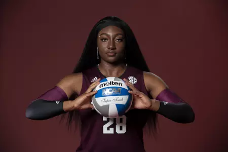 COLLEGE STATION, TX - August 12, 2022 - Outside hitter Faye Wilbricht #28 of the Texas A&M Aggies during Texas A&M Aggies Volleyball photo day in College Station, TX. Photo By Hayden Carroll/Texas A&M Athletics