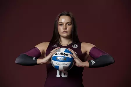 COLLEGE STATION, TX - August 12, 2022 - Outside hitter Caroline Meuth #16 of the Texas A&M Aggies during Texas A&M Aggies Volleyball photo day in College Station, TX. Photo By Hayden Carroll/Texas A&M Athletics