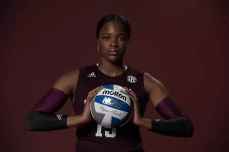 COLLEGE STATION, TX - August 12, 2022 - Middle blocker Madison Bowser #15 of the Texas A&M Aggies during Texas A&M Aggies Volleyball photo day in College Station, TX. Photo By Hayden Carroll/Texas A&M Athletics