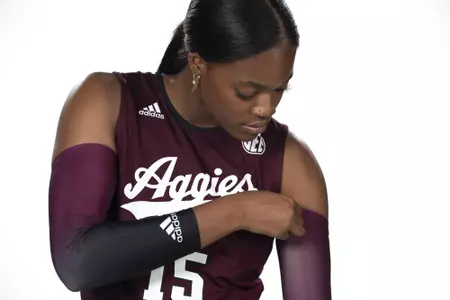 COLLEGE STATION, TX - August 12, 2022 - Middle blocker Madison Bowser #15 of the Texas A&M Aggies during Texas A&M Aggies Volleyball photo day in College Station, TX. Photo By Kate Luffman/Texas A&M Athletics