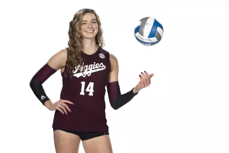 COLLEGE STATION, TX - August 12, 2022 - Middle blocker Molly Brown #14 of the Texas A&M Aggies during Texas A&M Aggies Volleyball photo day in College Station, TX. Photo By Kate Luffman/Texas A&M Athletics
