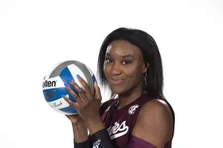 COLLEGE STATION, TX - August 12, 2022 - Outside Hitter/Right Side Hitter Destiny Cox #1 of the Texas A&M Aggies during Texas A&M Aggies Volleyball photo day in College Station, TX. Photo By Kate Luffman/Texas A&M Athletics