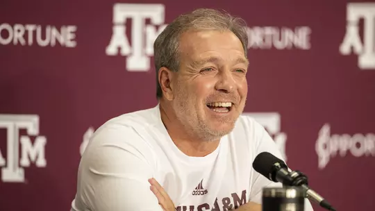 Jimbo Fisher laughs as he takes questions at the first press conference of the fall on August 3, 2022.