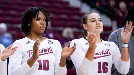 COLLEGE STATION, TX - September 06, 2022 - Outside hitter Lexi Guinn #5 of the Texas A&M Aggies, Middle blocker Ifenna Cos-Okpalla #10 of the Texas A&M Aggies, and Outside hitter Caroline Meuth #16 of the Texas A&M Aggies during the Volleyball game between the Sam Houston St. Bearcats and the Texas A&M Aggies at Reed Arena in College Station, TX. Photo By Aiden Shertzer/Texas A&M Athletics