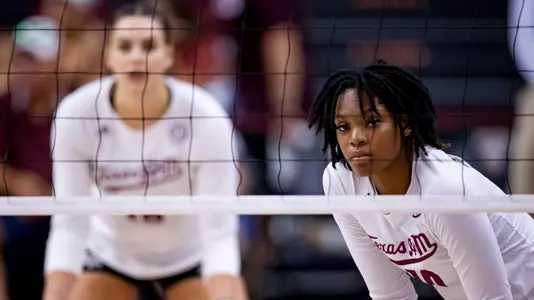 COLLEGE STATION, TX - September 06, 2022 - Middle blocker Ifenna Cos-Okpalla #10 of the Texas A&M Aggies during the Volleyball game between the Sam Houston St. Bearcats and the Texas A&M Aggies at Reed Arena in College Station, TX. Photo By Aiden Shertzer/Texas A&M Athletics