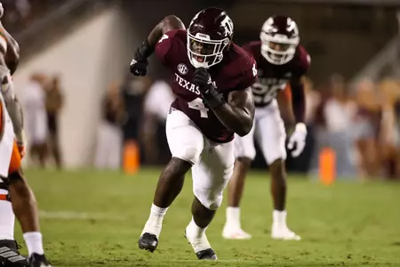 COLLEGE STATION, TX - September 17, 2022 - Defensive lineman Shemar Stewart #4 of the Texas A&M Aggies during the game between the Miami Hurricanes and the Texas A&M Aggies at Kyle Field in College Station, TX. Photo By Evan Pilat/Texas A&M Athletics