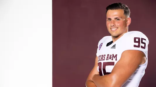 COLLEGE STATION, TX - July 11, 2022 - Punter Nik Constantinou #95 of the Texas A&M Aggies during Texas A&M Aggies Football photo day in College Station, TX. Photo By Kate Luffman/Texas A&M Athletics