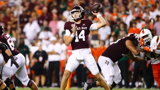 COLLEGE STATION, TX - September 17, 2022 - Quarterback Max Johnson #14 of the Texas A&M Aggies during the game between the Miami Hurricanes and the Texas A&M Aggies at Kyle Field in College Station, TX. Photo By Brendall O'Banon/Texas A&M Athletics