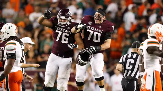 COLLEGE STATION, TX - September 17, 2022 - Offensive lineman Reuben Fatheree II #76 of the Texas A&M Aggies and Offensive lineman Josh Bankhead #70 of the Texas A&M Aggies during the game between the Miami Hurricanes and the Texas A&M Aggies at Kyle Field in College Station, TX. Photo By Rachel Mahan/Texas A&M Athletics