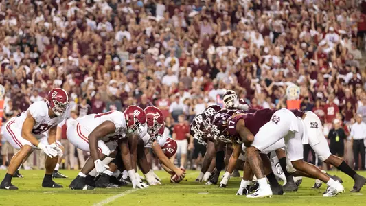 COLLEGE STATION, TX - October 09, 2021 - Texas A&M Aggies Football Defensive Line during the game between the Alabama Crimson Tide and the Texas A&M Aggies at Kyle Field in College Station, TX. Photo By Bailey Orr/Texas A&M Athletics