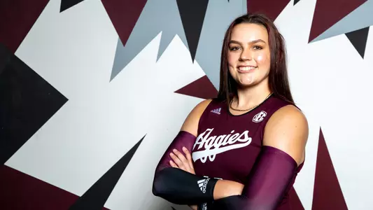COLLEGE STATION, TX - August 12, 2022 - Outside hitter Caroline Meuth #16 of the Texas A&M Aggies during Texas A&M Aggies Volleyball photo day in College Station, TX. Photo By Brendall O'Banon/Texas A&M Athletics