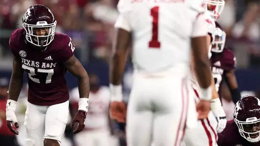 ARLINGTON, TX - September 24, 2022 - Defensive back Antonio Johnson #27 of the Texas A&M Aggies during the game between the Arkansas Razorbacks and the Texas A&M Aggies at AT&T Stadium in Arlington, Texas. Photo By Craig Bisacre/Texas A&M Athletics