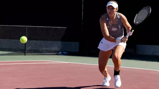 COLLEGE STATION, TX - January 29, 2022 - Mary Stoiana during the game between the Princeton Tigers and the Texas A&M Aggies at Mitchell Tennis Center in College Station, TX. Photo By Sydney Morriss/Texas A&M Athletics