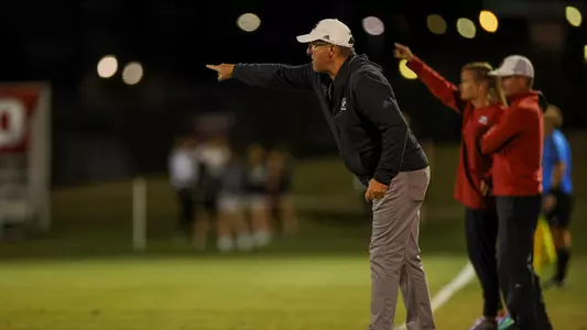 FAYETTEVILLE, AR - September 29, 2022 - Head Coach G Guerrieri of the Texas A&M Aggies during the game between the Arkansas Razorbacks and the Texas A&M Aggies at Razorback Field in Fayetteville, AR. Photo By Evan Pilat