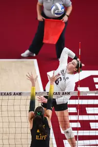 COLLEGE STATION, TX - October 01, 2023 - Outside Hitter Caroline Meuth #16 of the Texas A&M Aggies during the game between the Missouri Tigers and the Texas A&M Aggies at Reed Arena in College Station, TX. Photo By Evan Pilat/Texas A&M Athletics