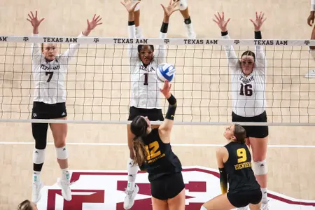 COLLEGE STATION, TX - October 01, 2023 - Outside Hitter Brooke Jeffrey #7 of the Texas A&M Aggies, Middle Blocker Ifenna Cos-Okpalla #1 of the Texas A&M Aggies and Outside Hitter Caroline Meuth #16 of the Texas A&M Aggies during the game between the Missouri Tigers and the Texas A&M Aggies at Reed Arena in College Station, TX. Photo By Evan Pilat/Texas A&M Athletics