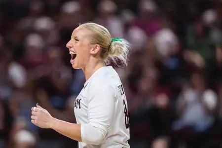 COLLEGE STATION, TX - October 01, 2023 - Libero/Defensive Specialist Lauren Hogan #8 of the Texas A&M Aggies during the game between the Missouri Tigers and the Texas A&M Aggies at Reed Arena in College Station, TX. Photo By Craig Bisacre/Texas A&M Athletics