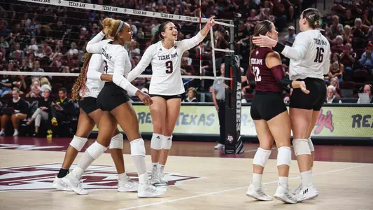 COLLEGE STATION, TX - October 01, 2023 - The Texas A&M Aggies Volleyball Team during the game between the Missouri Tigers and the Texas A&M Aggies at Reed Arena in College Station, TX. Photo By Craig Bisacre/Texas A&M Athletics
