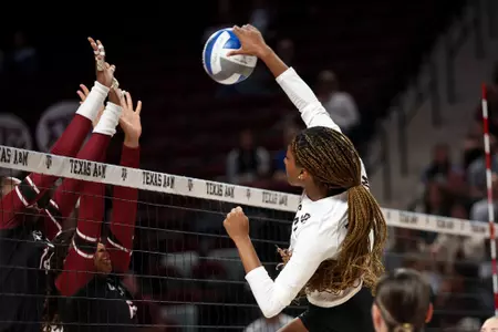 COLLEGE STATION, TX - October 15, 2023 - Middle Blocker Morgan Perkins #21 of the Texas A&M Aggies during the game between the South Carolina Gamecocks and the Texas A&M Aggies at Reed Arena in College Station, TX. Photo By Brendall O'Banon/Texas A&M Athletics