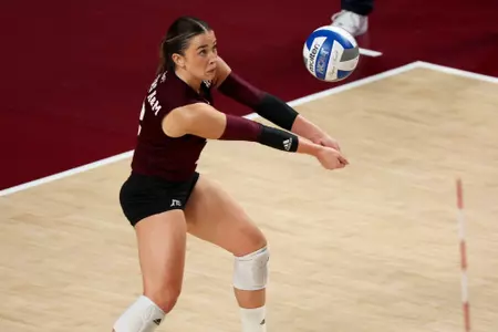 COLLEGE STATION, TX - October 15, 2023 - Libero/Defensive Specialist Ava Underwood #12 of the Texas A&M Aggies during the game between the South Carolina Gamecocks and the Texas A&M Aggies at Reed Arena in College Station, TX. Photo By Wesley Bowers/Texas A&M Athletics
