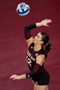 COLLEGE STATION, TX - October 15, 2023 - Libero/Defensive Specialist Ava Underwood #12 of the Texas A&M Aggies during the game between the South Carolina Gamecocks and the Texas A&M Aggies at Reed Arena in College Station, TX. Photo By Wesley Bowers/Texas A&M Athletics