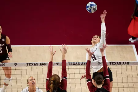 COLLEGE STATION, TX - October 15, 2023 - Opposite Hitter Logan Lednicky #9 of the Texas A&M Aggies during the game between the South Carolina Gamecocks and the Texas A&M Aggies at Reed Arena in College Station, TX. Photo By Wesley Bowers/Texas A&M Athletics
