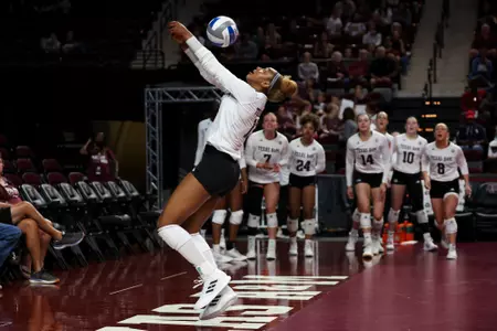 COLLEGE STATION, TX - October 15, 2023 - Outside Hitter Bianna Muoneke #13 of the Texas A&M Aggies during the game between the South Carolina Gamecocks and the Texas A&M Aggies at Reed Arena in College Station, TX. Photo By Wesley Bowers/Texas A&M Athletics