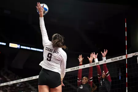 COLLEGE STATION, TX - October 15, 2023 - Opposite Hitter Logan Lednicky #9 of the Texas A&M Aggies during the game between the South Carolina Gamecocks and the Texas A&M Aggies at Reed Arena in College Station, TX. Photo By Wesley Bowers/Texas A&M Athletics