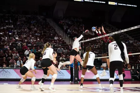 COLLEGE STATION, TX - October 15, 2023 - Outside Hitter Caroline Meuth #16 of the Texas A&M Aggies during the game between the South Carolina Gamecocks and the Texas A&M Aggies at Reed Arena in College Station, TX. Photo By Wesley Bowers/Texas A&M Athletics
