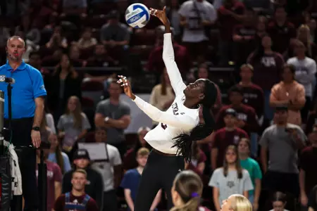 COLLEGE STATION, TX - October 15, 2023 - Middle Blocker Ital Lopuyo #2 of the Texas A&M Aggies during the game between the South Carolina Gamecocks and the Texas A&M Aggies at Reed Arena in College Station, TX. Photo By Brendall O'Banon/Texas A&M Athletics