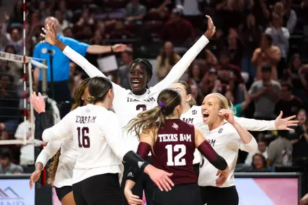 COLLEGE STATION, TX - October 15, 2023 - Middle Blocker Ital Lopuyo #2 of the Texas A&M Aggies during the game between the South Carolina Gamecocks and the Texas A&M Aggies at Reed Arena in College Station, TX. Photo By Brendall O'Banon/Texas A&M Athletics