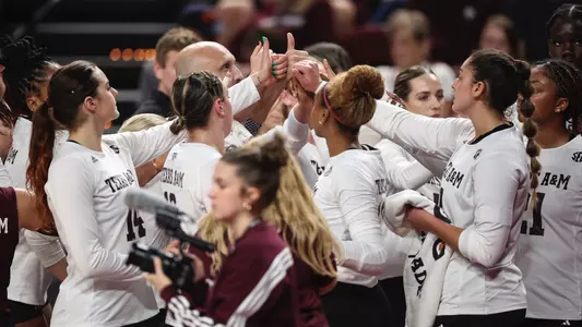COLLEGE STATION, TX - October 20, 2023 - The Texas A&M Aggies Volleyball Team during the game between the Florida Gators and the Texas A&M Aggies at Reed Arena in College Station, TX. Photo By Hayley Bisacre/Texas A&M Athletics
