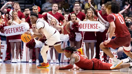 NASHVILLE, TN - March 10, 2023 - Guard Wade Taylor IV #4 of the Texas A&M Aggies during the SEC MenÕs Basketball Tournament game between the Arkansas Razorbacks and the Texas A&M Aggies at Bridgestone Arena in Nashville, TN. Photo By Craig Bisacre/Texas A&M Athletics